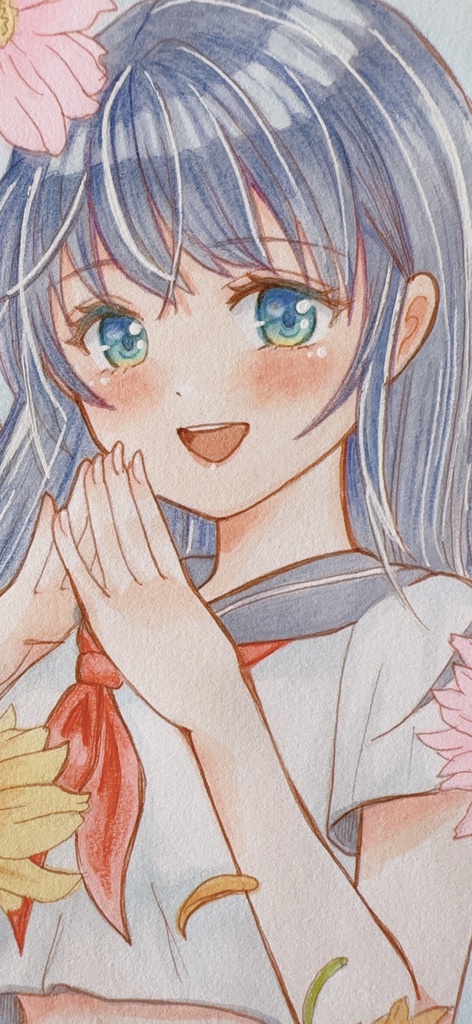 手描きイラスト「わぁっ🌼」花とセーラー服の女の子 B6