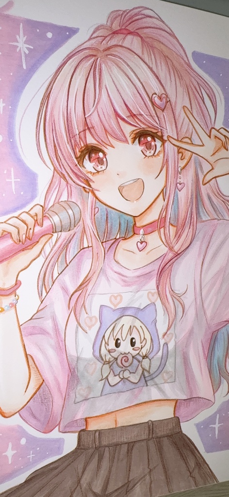 【原画・一点物】手描きイラスト「アイドルになりたい!」オリジナルキャラ 桃瀬らび(B5)