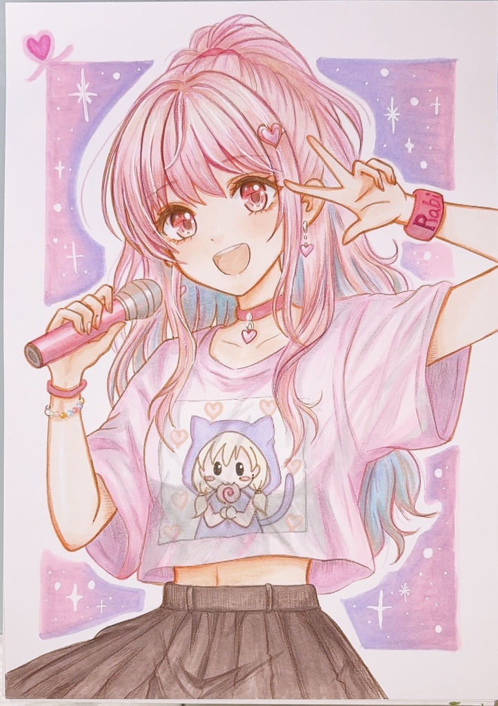 【原画・一点物】手描きイラスト「アイドルになりたい！」オリジナルキャラ 桃瀬らび（B5）