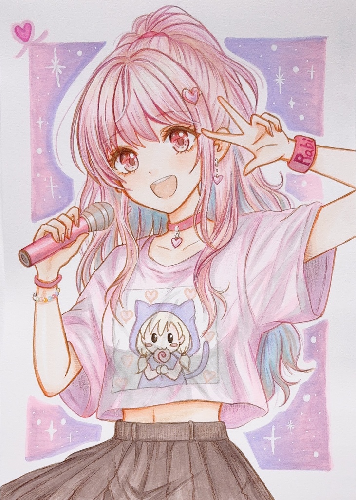 【原画・一点物】手描きイラスト「アイドルになりたい!」オリジナルキャラ 桃瀬らび(B5)