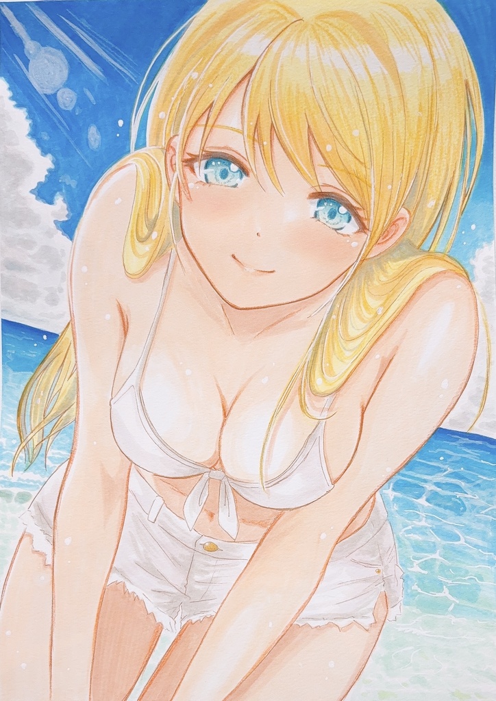 [原画・一点物] 手描きイラスト「海に入ろうよ〜」オリジナルキャラ 白雪える(B5)