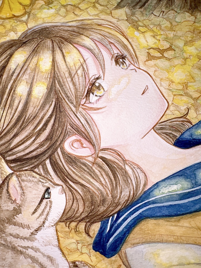 手描きイラスト 原画 オリジナル 秋と少女 水彩画 A5