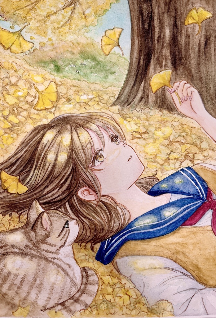手描きイラスト 原画 オリジナル 秋と少女 水彩画 A5