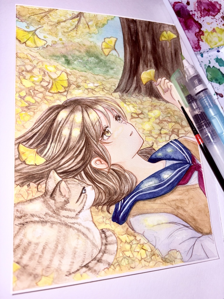 手描きイラスト 原画 オリジナル 秋と少女 水彩画 A5
