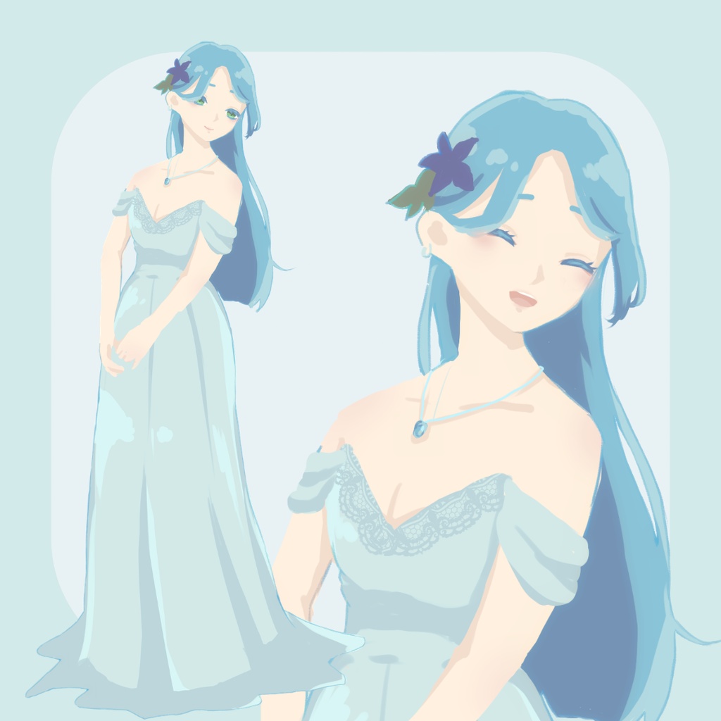 【立ち絵素材】女性/水色/ドレス/お姫様/ロングヘア【表情12種】