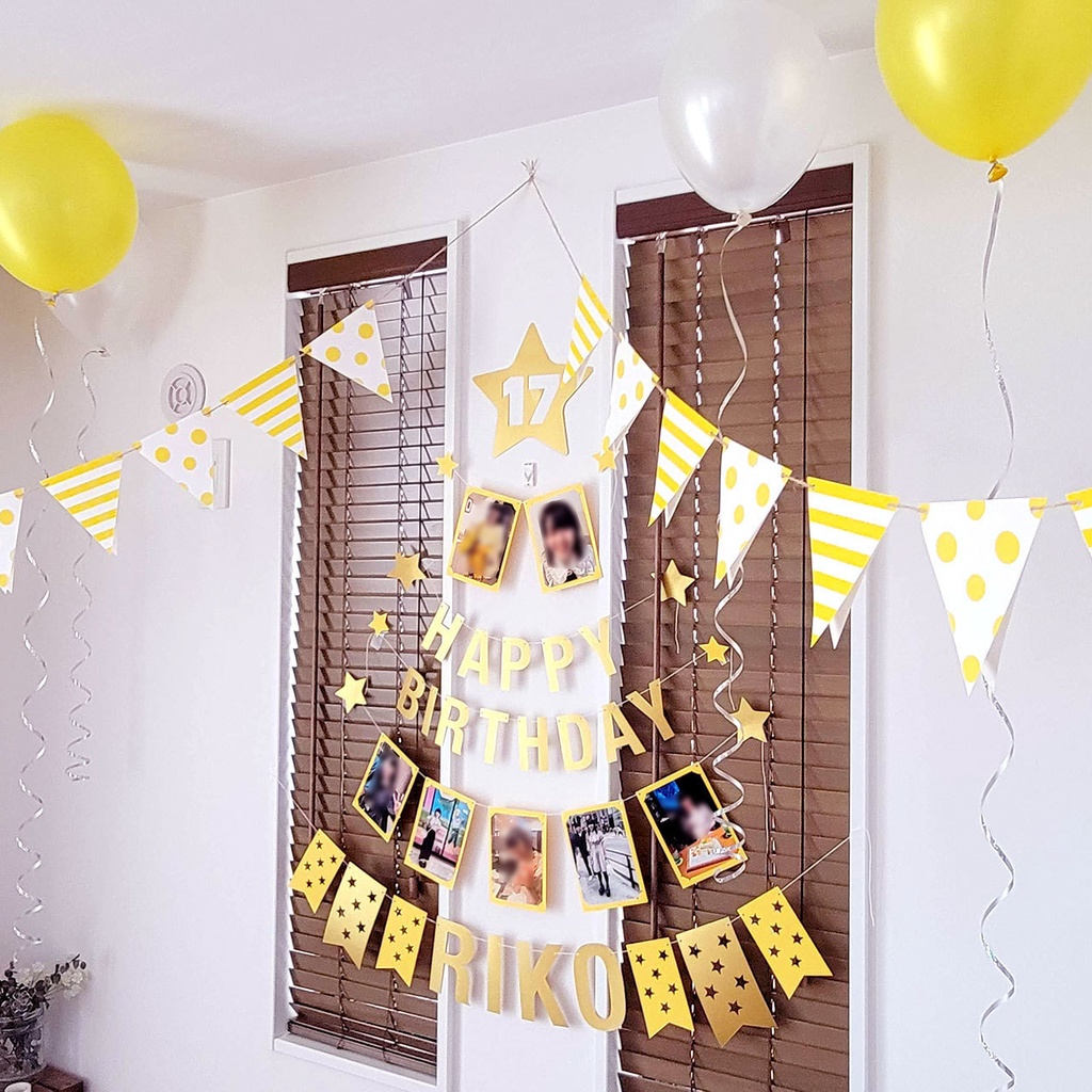 イエロー(黄色)のフラッグガーランド素材-ドット&ストライプ柄(ダウンロード販売)