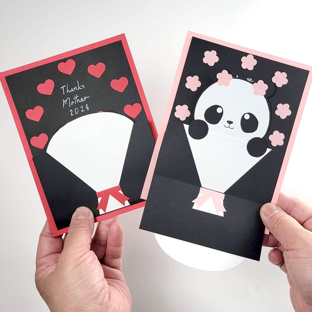 花束からパンダが飛び出す仕掛けのメッセージカードが作れる型紙(ダウンロード版)