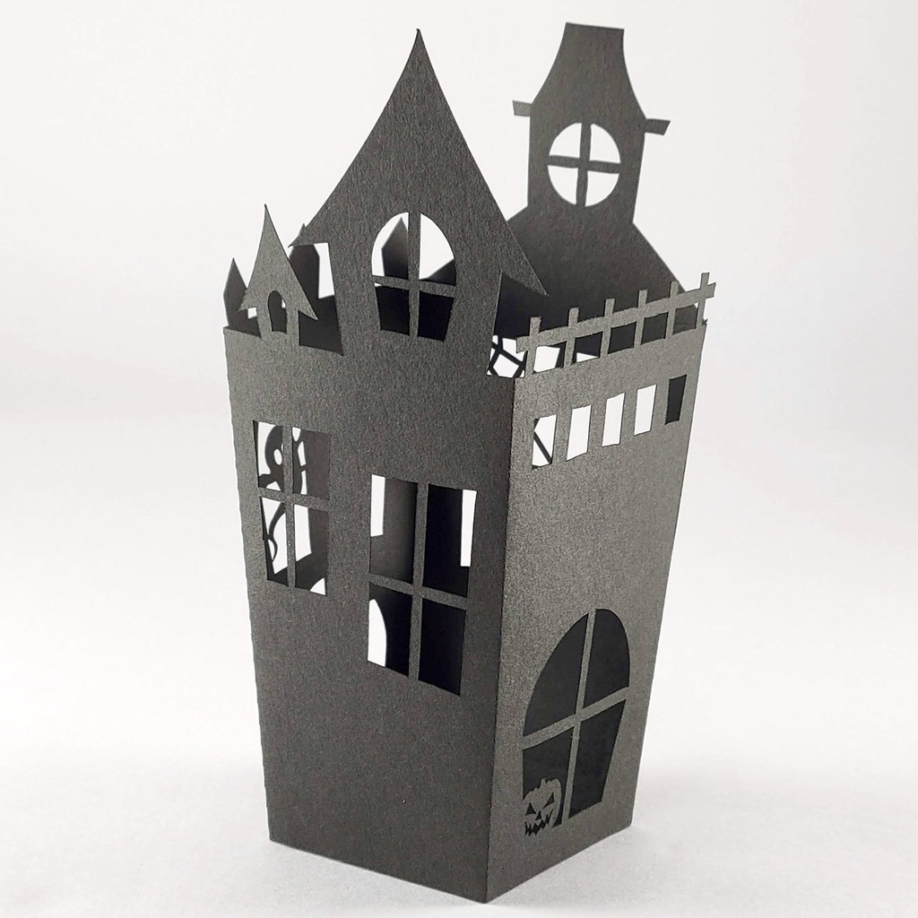 ハロウィン・ペーパーランタン&ポップコーンケースの2WAYで使える組み立てキット〜ホーンテッドハウス風切り絵(2個セット)