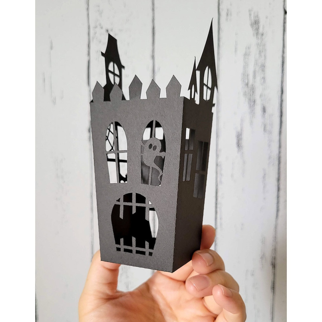 ハロウィン・ペーパーランタン&ポップコーンケースの2WAYで使える組み立てキット〜ホーンテッドハウス風切り絵(2個セット)