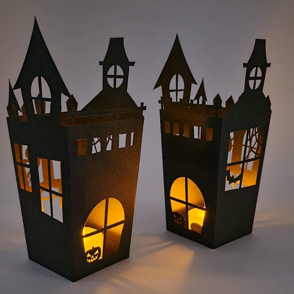 ハロウィン・ペーパーランタン&ポップコーンケースの2WAYで使える組み立てキット〜ホーンテッドハウス風切り絵(2個セット)