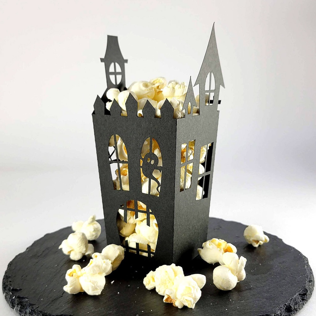 ハロウィン・ペーパーランタン&ポップコーンケースの2WAYで使える組み立てキット〜ホーンテッドハウス風切り絵(2個セット)