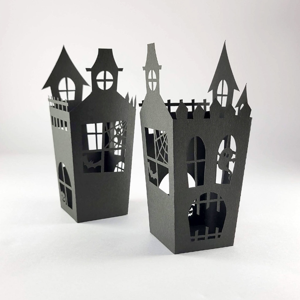 ハロウィン・ペーパーランタン&ポップコーンケースの2WAYで使える組み立てキット〜ホーンテッドハウス風切り絵(2個セット)