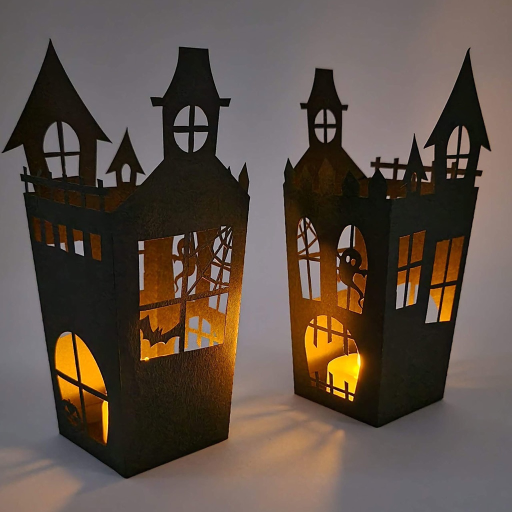 ハロウィン・ペーパーランタン&ポップコーンケースの2WAYで使える組み立てキット〜ホーンテッドハウス風切り絵(2個セット)