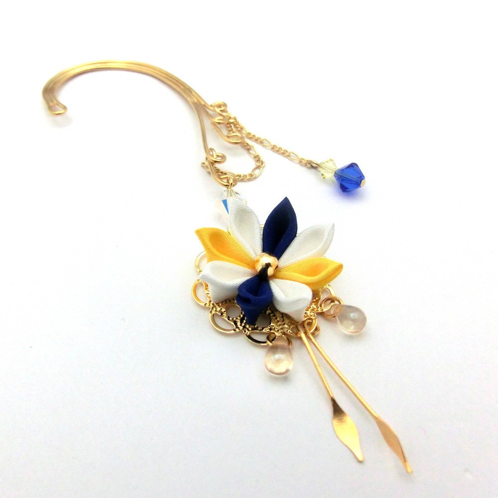 つまみ細工 イヤーフック<黄×青>