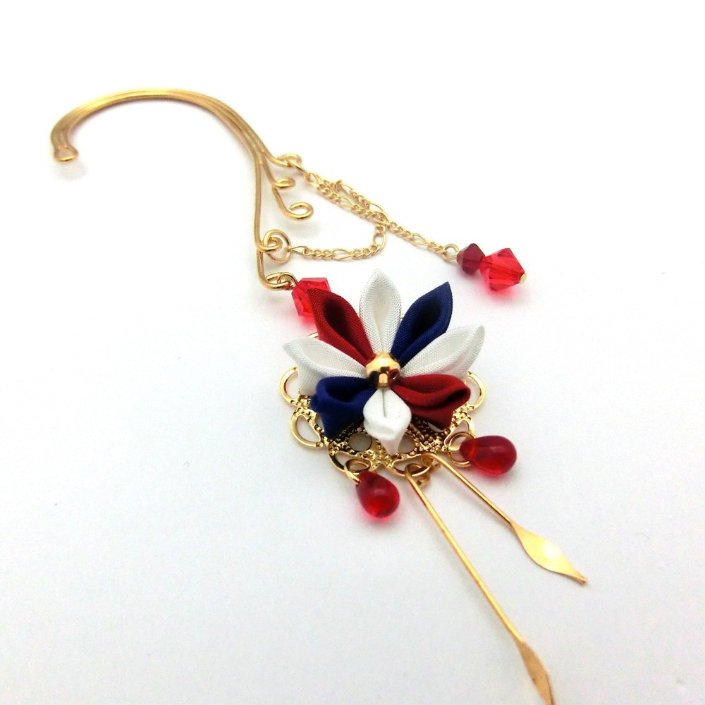 【再販】つまみ細工 イヤーフック<赤×青>