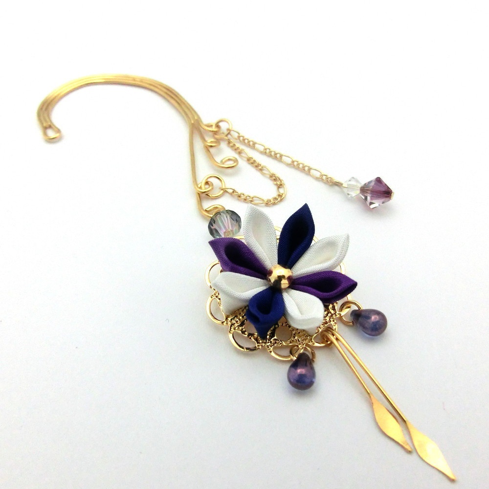 つまみ細工 イヤーフック<紫×青>