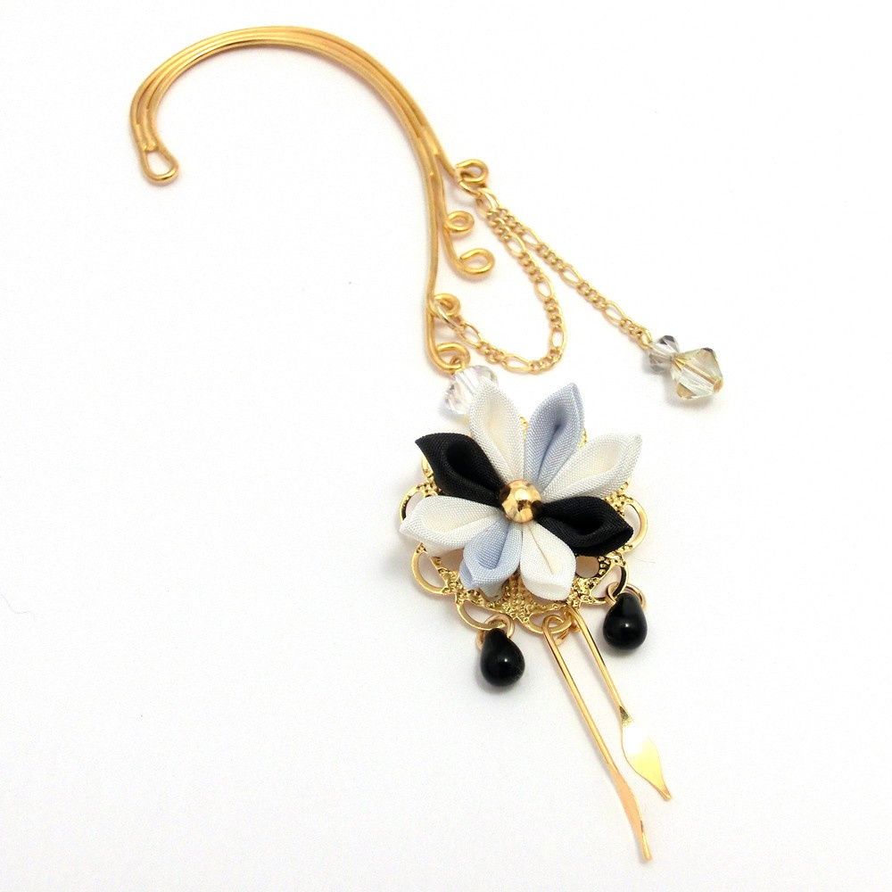 つまみ細工 イヤーフック<モノクロシリーズ>