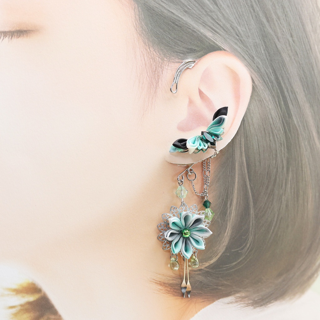 つまみ細工イヤーカフ<ジェイダイト>