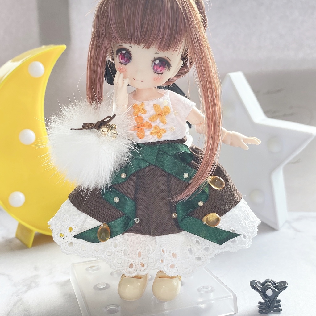 【オビツ11】ふんわり金木犀の刺繍ワンピースとヘアゴムset♡*。