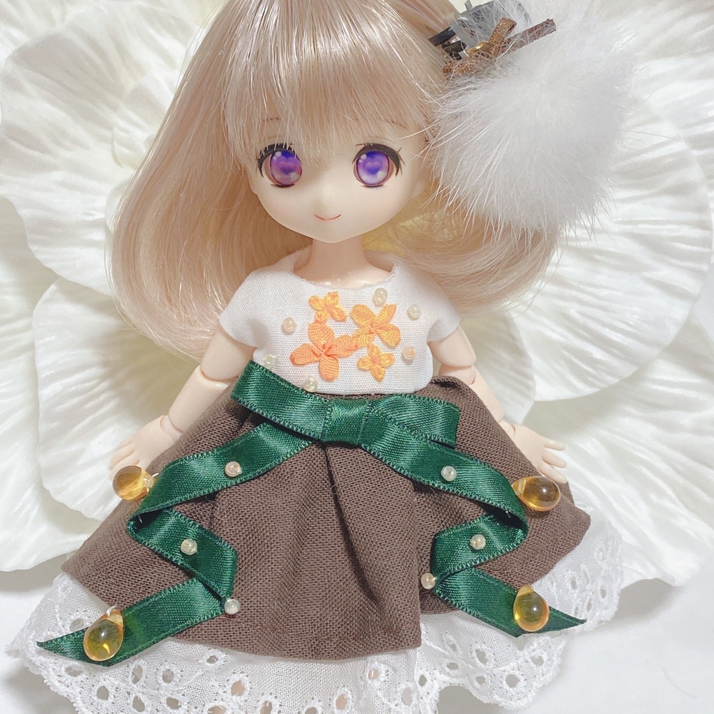 【オビツ11】ふんわり金木犀の刺繍ワンピースとヘアゴムset♡*。