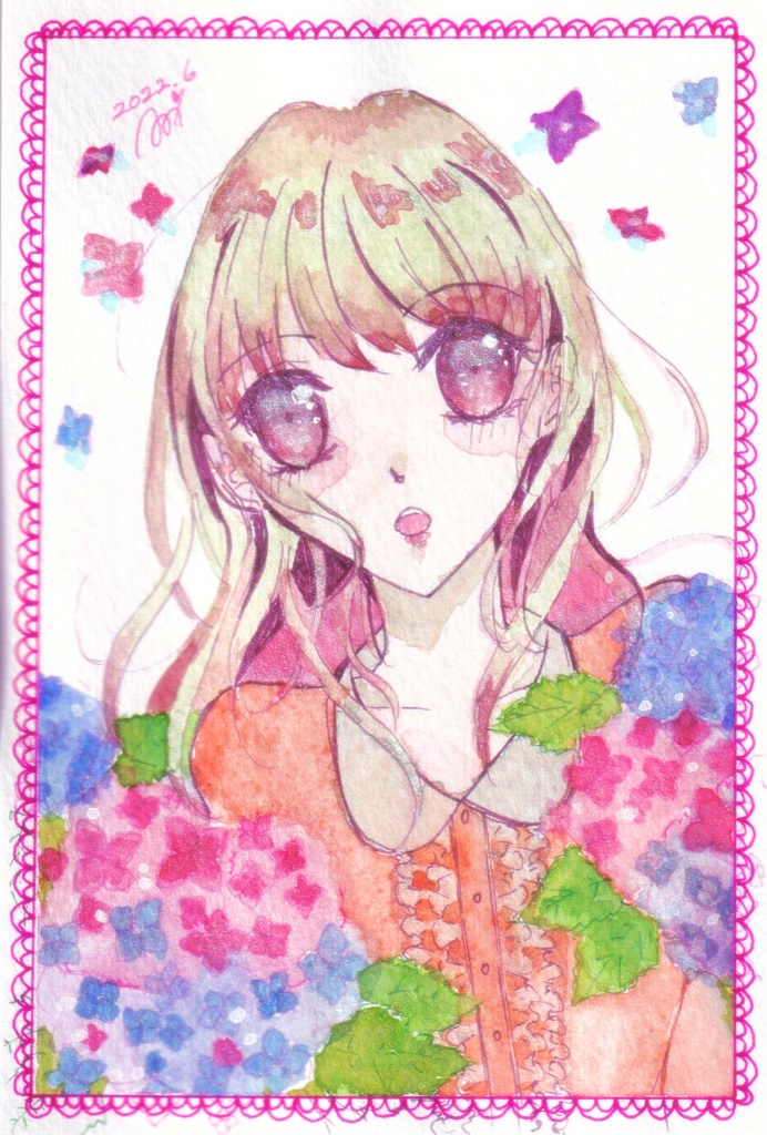 ポストカード　紫陽花と少女