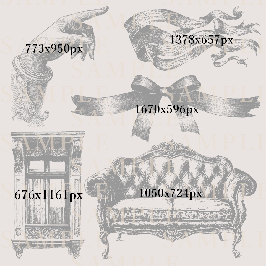 アンティーク&ヴィクトリアン風な白黒素材セット