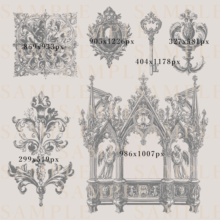 ヴィンテージ・バロック装飾 白黒素材セット