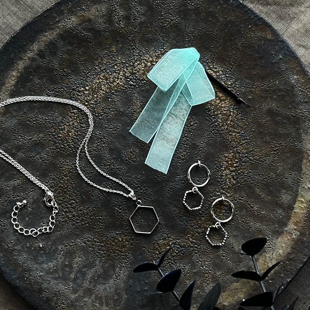 アグネスタキオン概念コーデ 六角メタルフレームのピアス シルバー