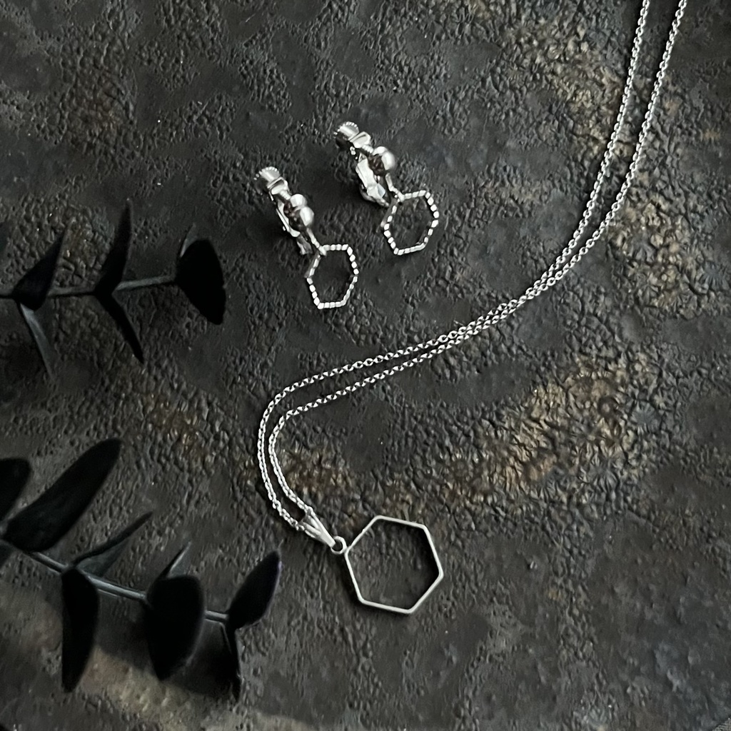 アグネスタキオン概念コーデ 六角メタルフレームのピアス シルバー