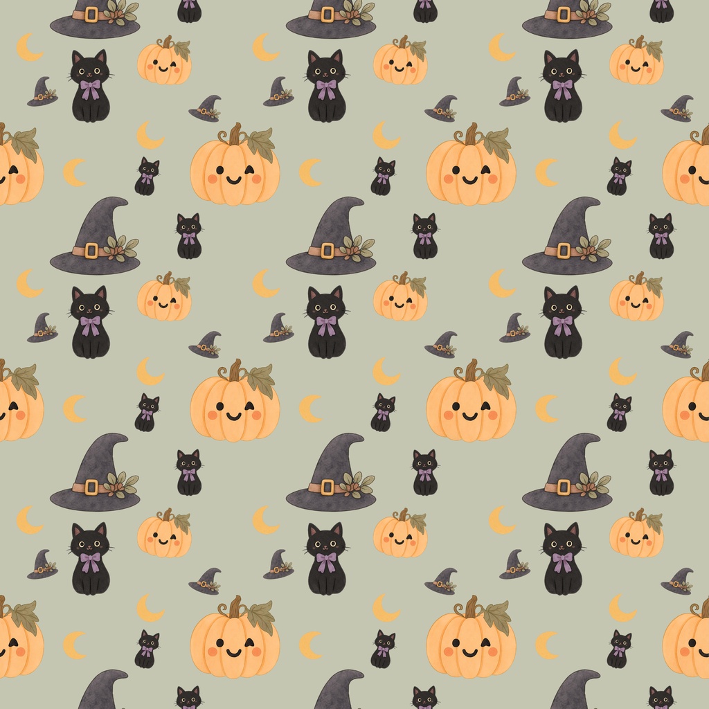 ハロウィン デジタルペーパー|黒猫・かぼちゃ・魔女の帽子