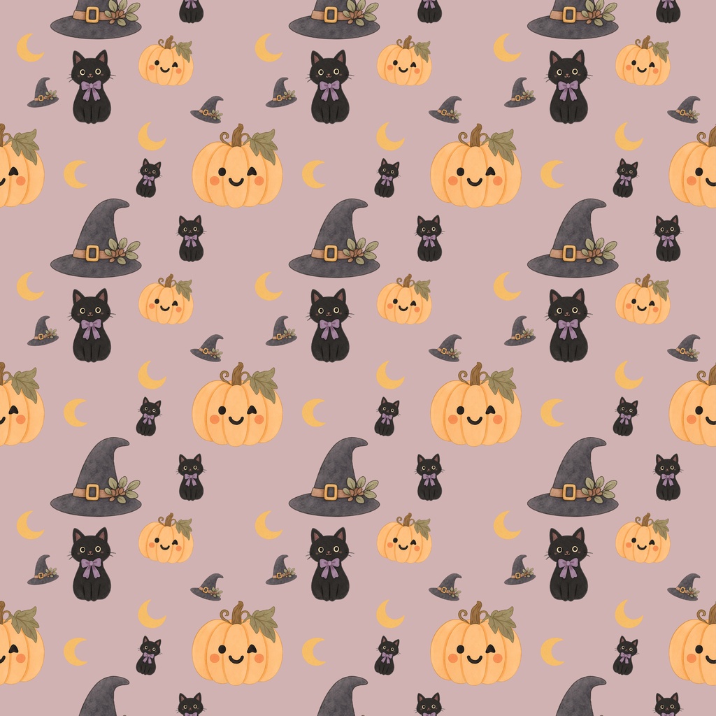 ハロウィン デジタルペーパー｜黒猫・かぼちゃ・魔女の帽子