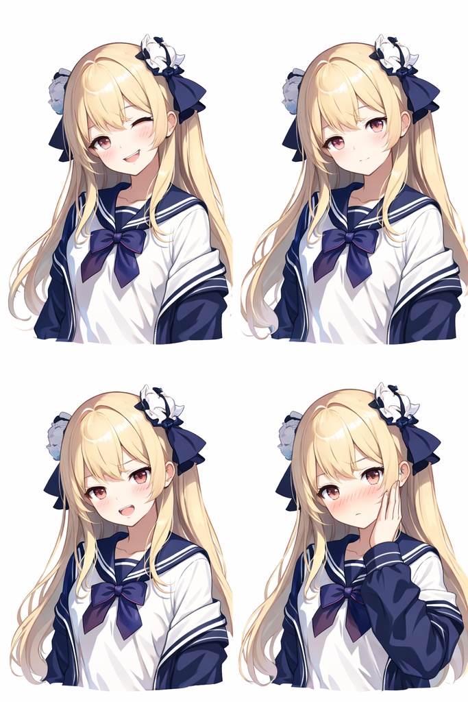 【オリジナル立ち絵】金髪セーラー服の少女 表情差分4種+キービジュアル同梱|背景透過PNG(AI生成)【6点セット】