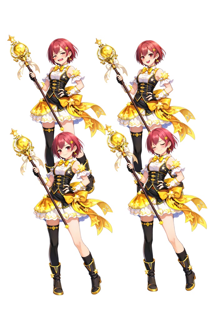 オリジナル立ち絵】赤髪魔法少女 表情差分3種+キービジュアル同梱|背景透過PNG(AI生成)【5点セット】