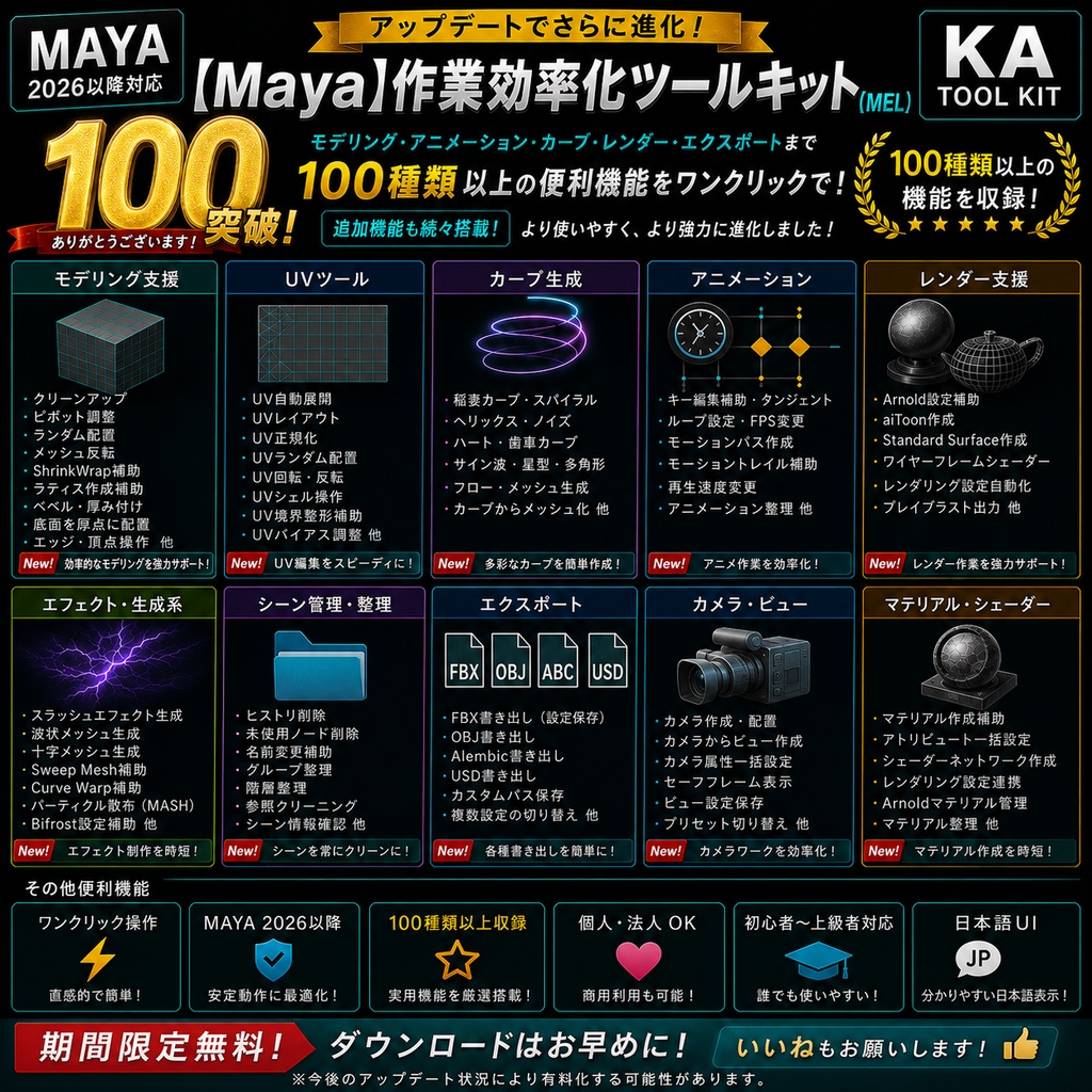【期間限定無料】100機能以上収録!Maya作業効率化ツールキット【MEL】