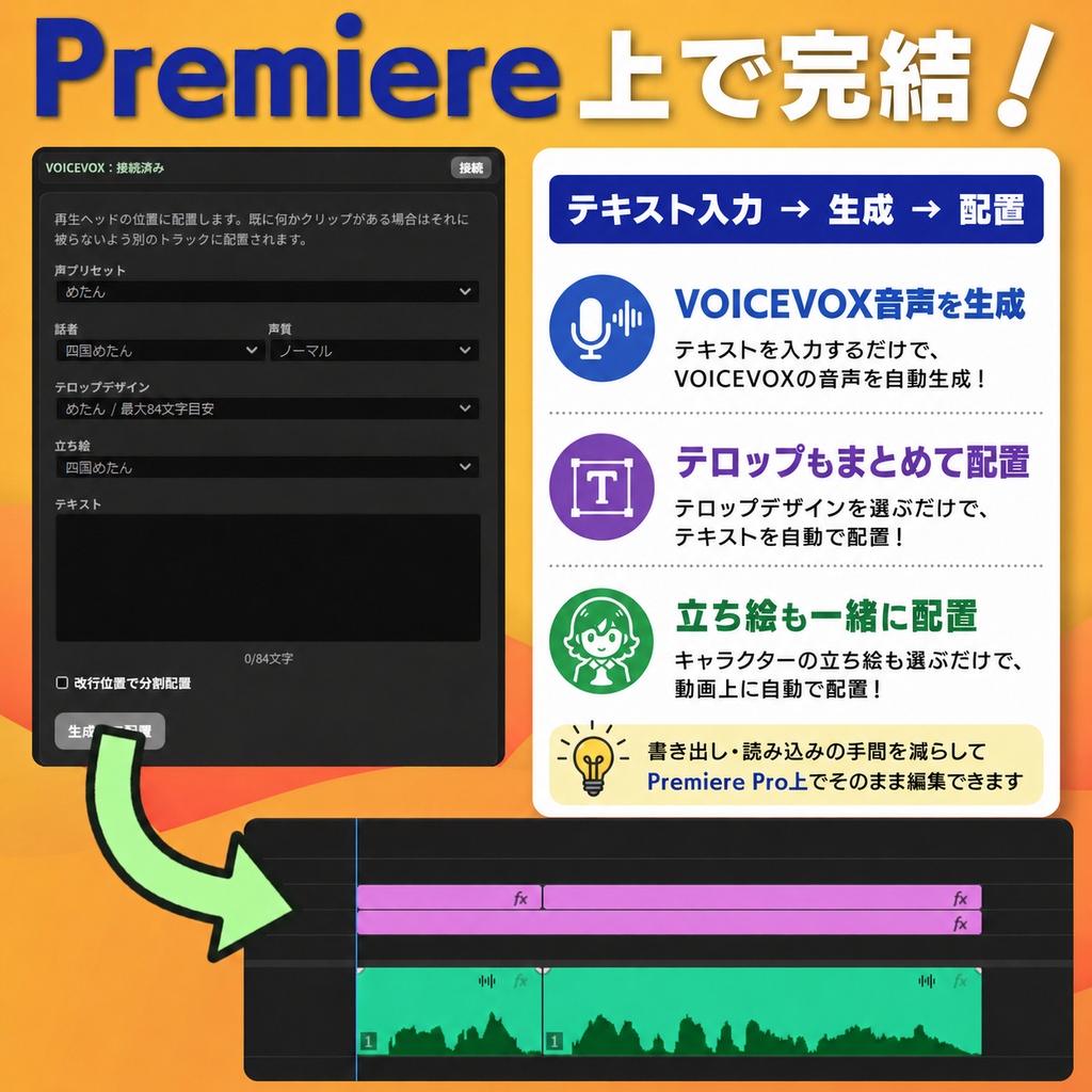 【Premiere Pro用プラグイン】VOICEVOX音声・字幕・立ち絵を自動配置|mojiro Voice Caption