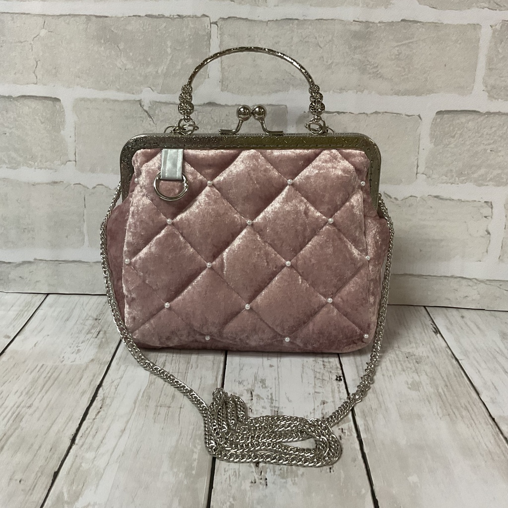 桜餅 ピンクベロアキルトがま口ハンドバッグ