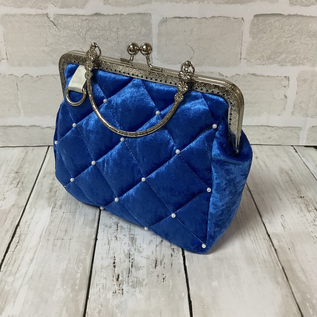 バタフライピー 青 ベロアキルトがま口ハンドバッグ