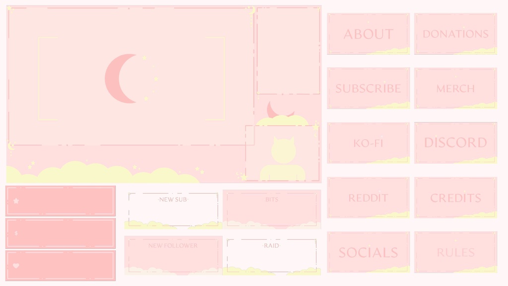 Pink Moon Sky Stream Overlay Pack - Twich, Youtube - Aesthetic - Cute - Clouds - Moon - Stars