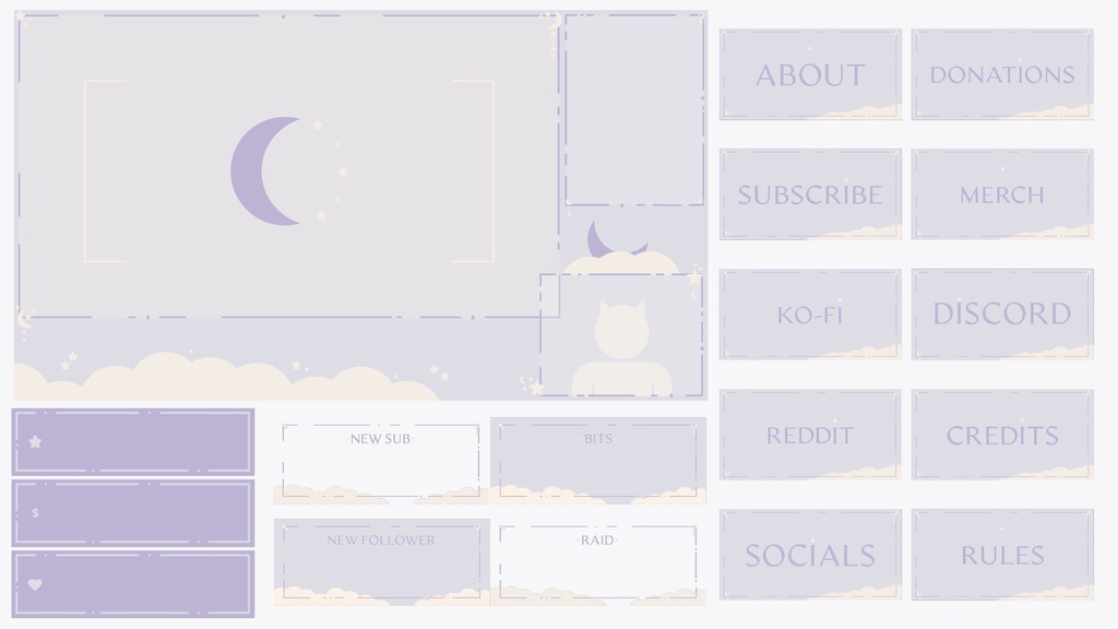 Purple Moon Sky Stream Overlay Pack - Twich, Youtube - Aesthetic - Cute - Clouds - Moon - Stars