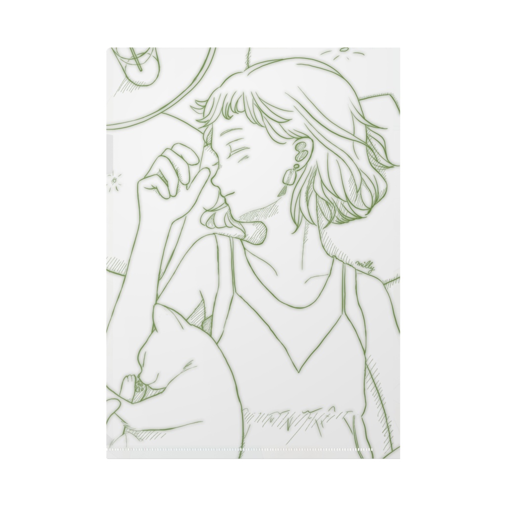 木漏れ日の女の子(グリーン・猫)ークリアファイル