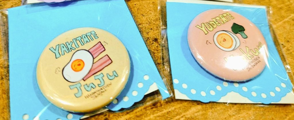 【創作】缶バッチ焼きたてたまごくん＆ゆでたてたまごくん