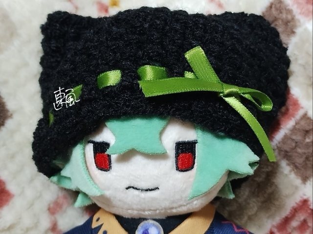 ねこみみ風の黒いニット帽@毛糸