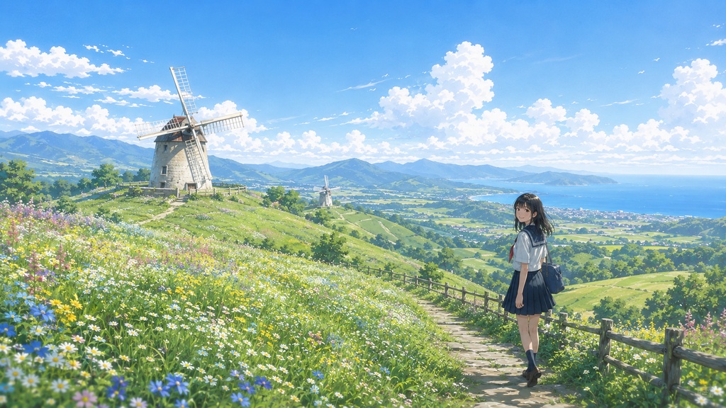 風車と花畑の丘