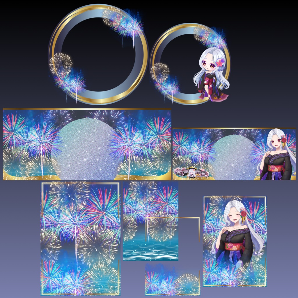 海と花火デザインのデジタルグッズ素材