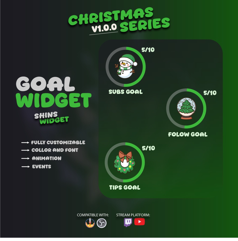 Round Goal Widget for Twitch & YouTube | Streamelement - Christmas Edition | Green