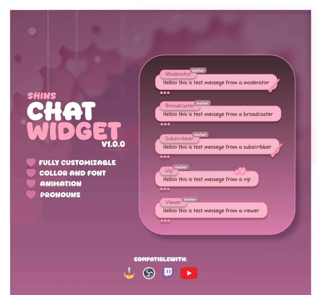 Love Pink Cute Chat Widget for Twitch & YouTube - StreamElement (Digital Download)