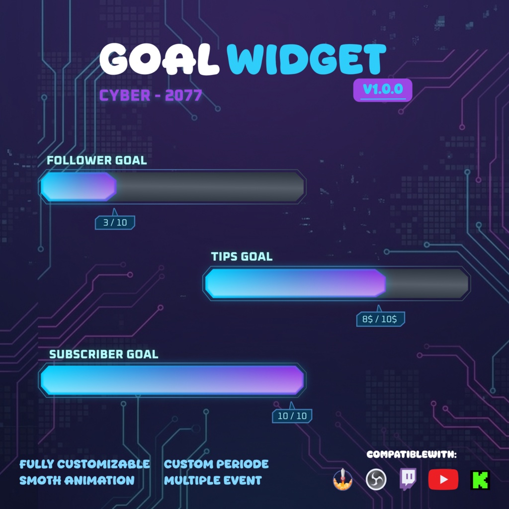 Goal Widget for Twitch & YouTube | Streamelement, Obs | Neon Cyber UI (v1.0.0)