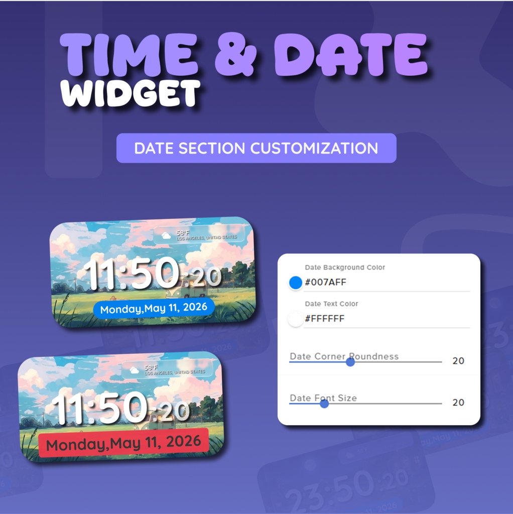 Date And Time Widget for Streamers | Streamelement And OBS, Customize (Digital Download) | V1.0.0