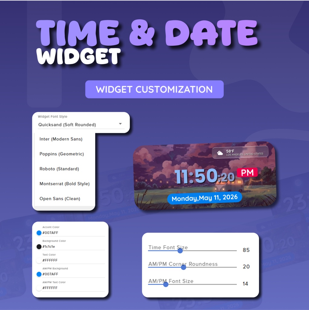 Date And Time Widget for Streamers | Streamelement And OBS, Customize (Digital Download) | V1.0.0