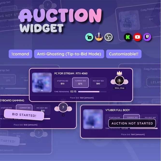 Cozy Auction Widget for Twitch, YouTube, Kick – StreamElement, Animated UI, Customize (Digital Download) | V1.0.0